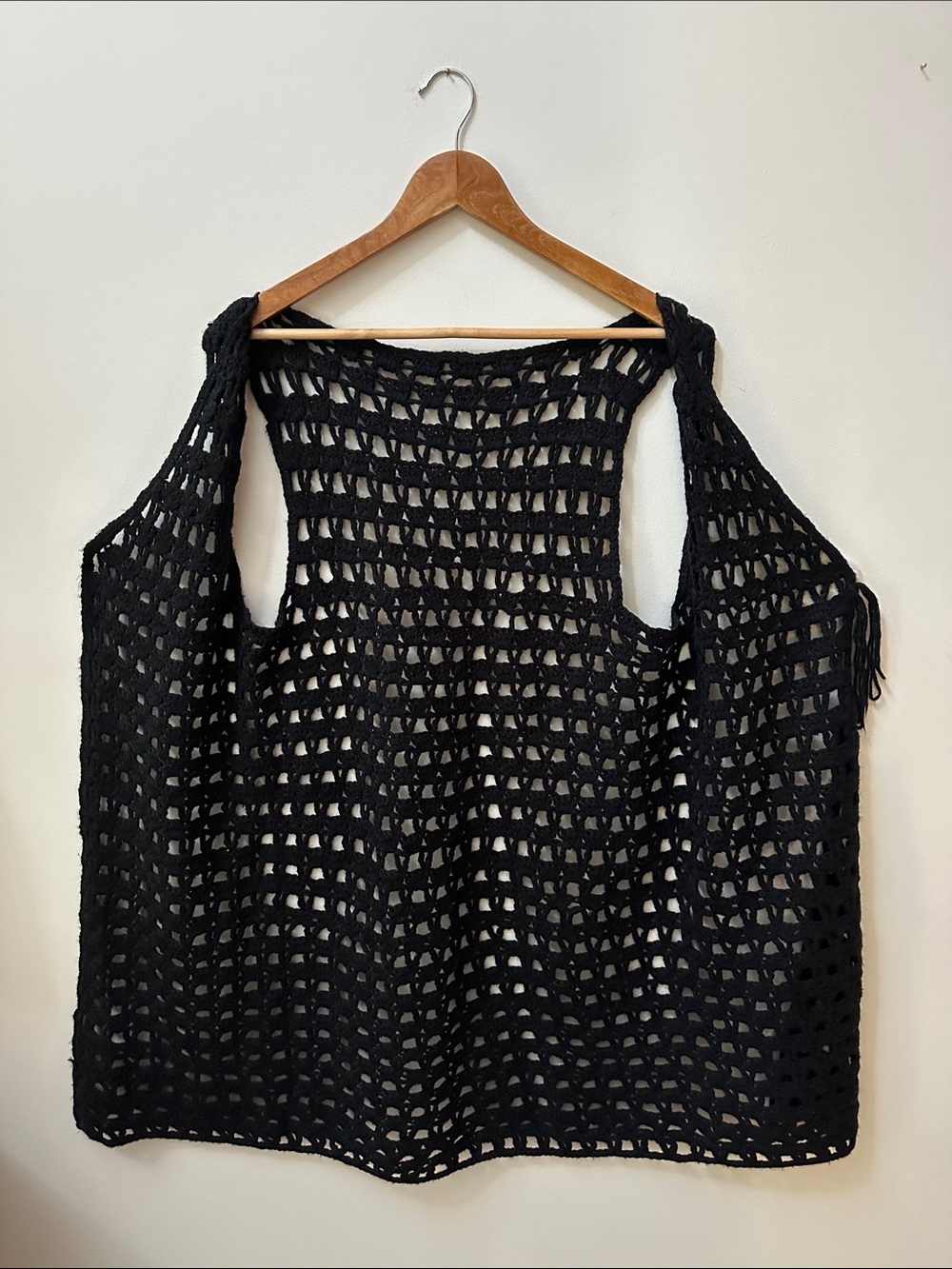 Hand Crafted Black Crochet Open Weave Long Vest